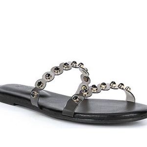 Deltan Hollie Scallop Black Rhinestone Embellished Banded Slides Size: 9.5